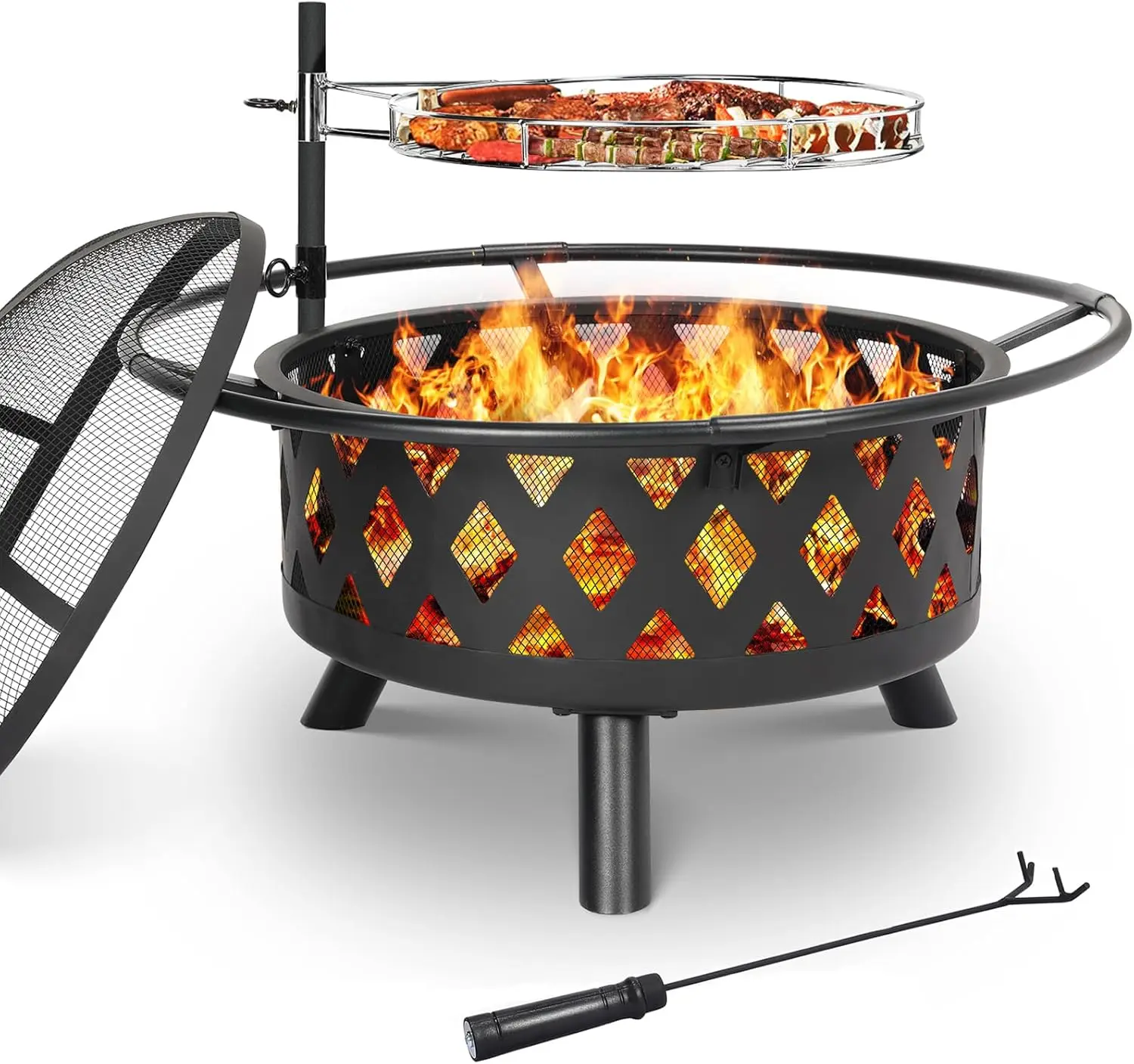 Multifunktionale Feuerstelle, Feuerschale mit Funkenschutz und Grillrost, höhenverstellbar, für Garten, Terrasse, Feuerstelle zum Heizen, Grillen im Freien