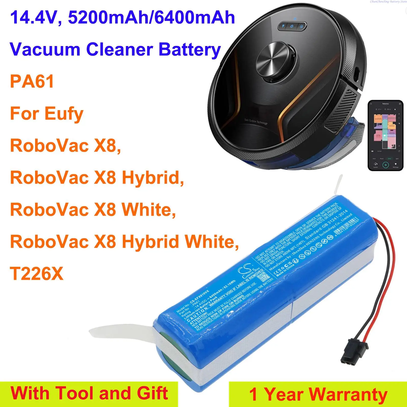 

Аккумулятор для пылесоса OrangeYu 5200 мАч/6400 мАч PA61 для Eufy RoboVac X8, X8 Hybrid, X8 White, X8 Hybrid White, T226X