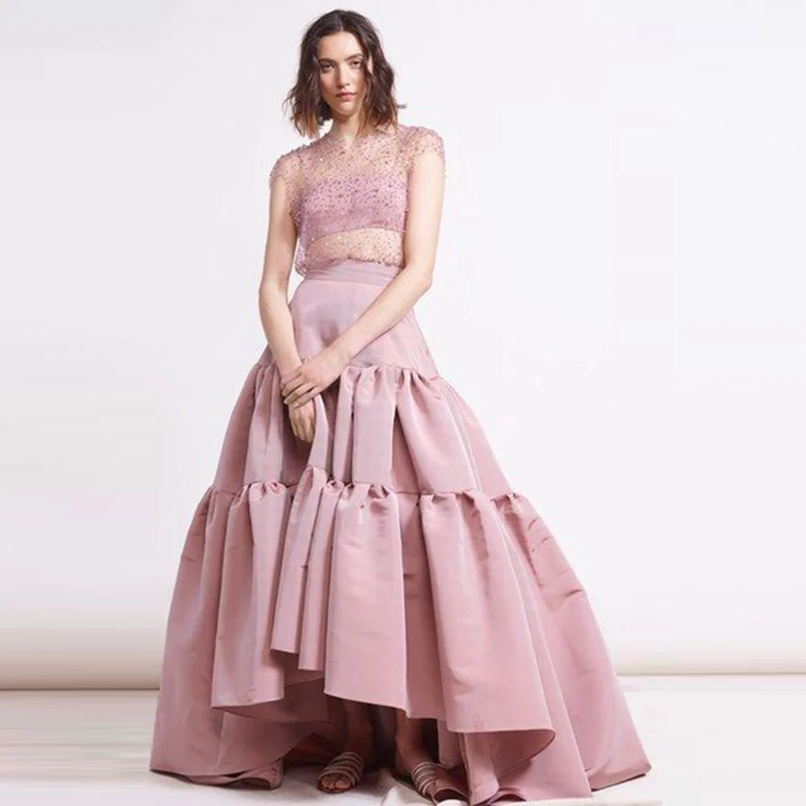 Roze Satijnen Lange Rokken Een Lijn Hoog Laag Vrouwen Saias Meisjes Bruiloft Gast Partij Jassen Vloerlengte Ruches Rok Voor Lady