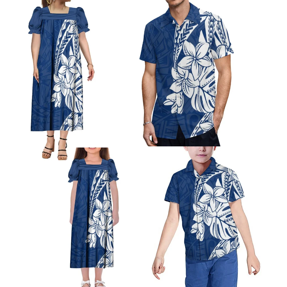 Abito da festa per la famiglia polinesiana donna ragazze Mumu Blue Dress uomo ragazzi camicia modello etnico Hibiscus Flower Leaf Custom Pattern