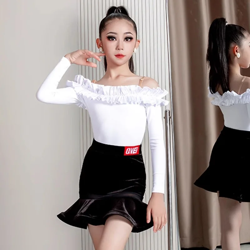 Crianças meninas trajes de dança latina babados eage cinta bodysuit e saias de veludo crianças rumba chacha desempenho dancewear
