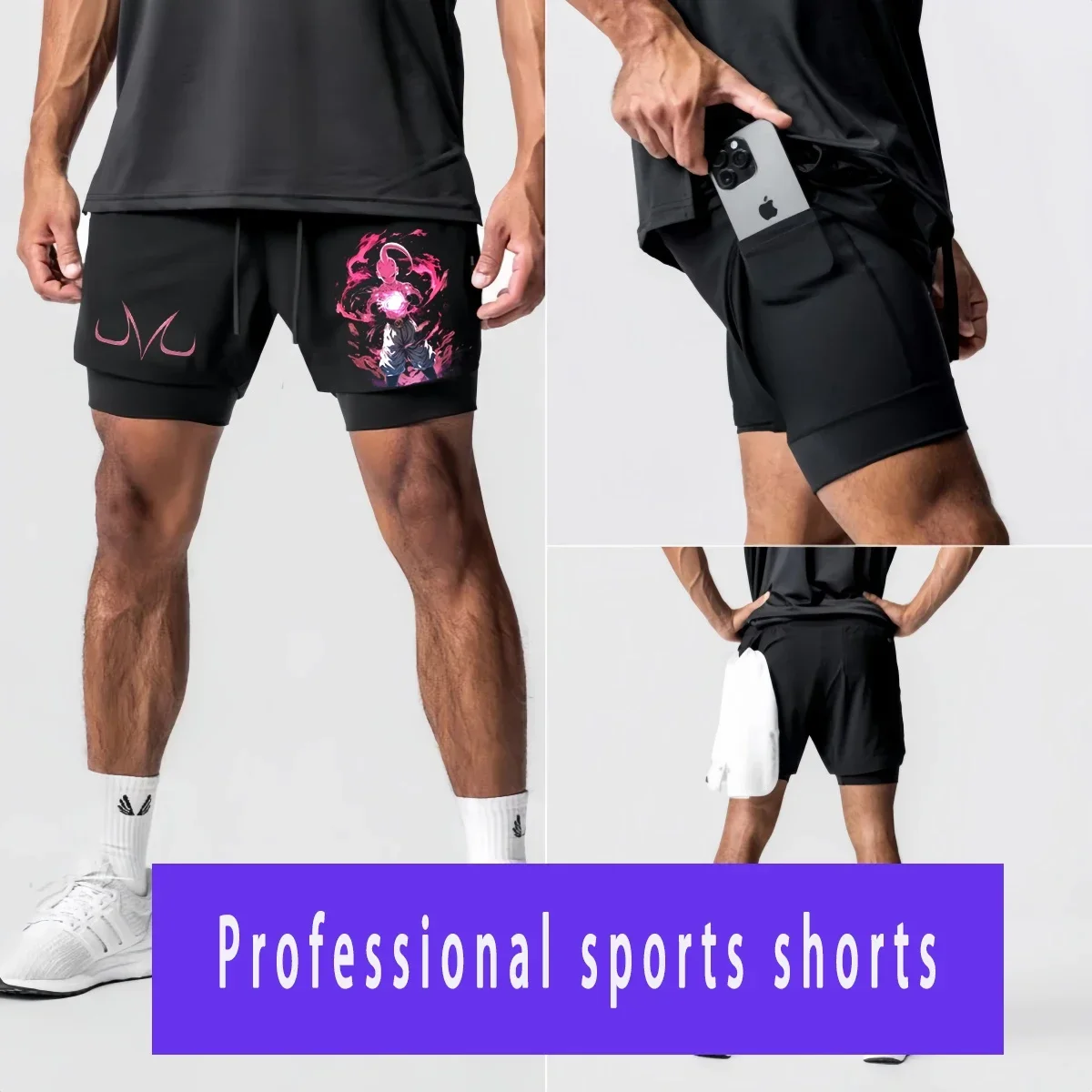 

Goku Anime Running Shorts Men's Fitness Gym Training 2 in 1 Sports Shorts Quick Dry Workout Jogging Double Shorts