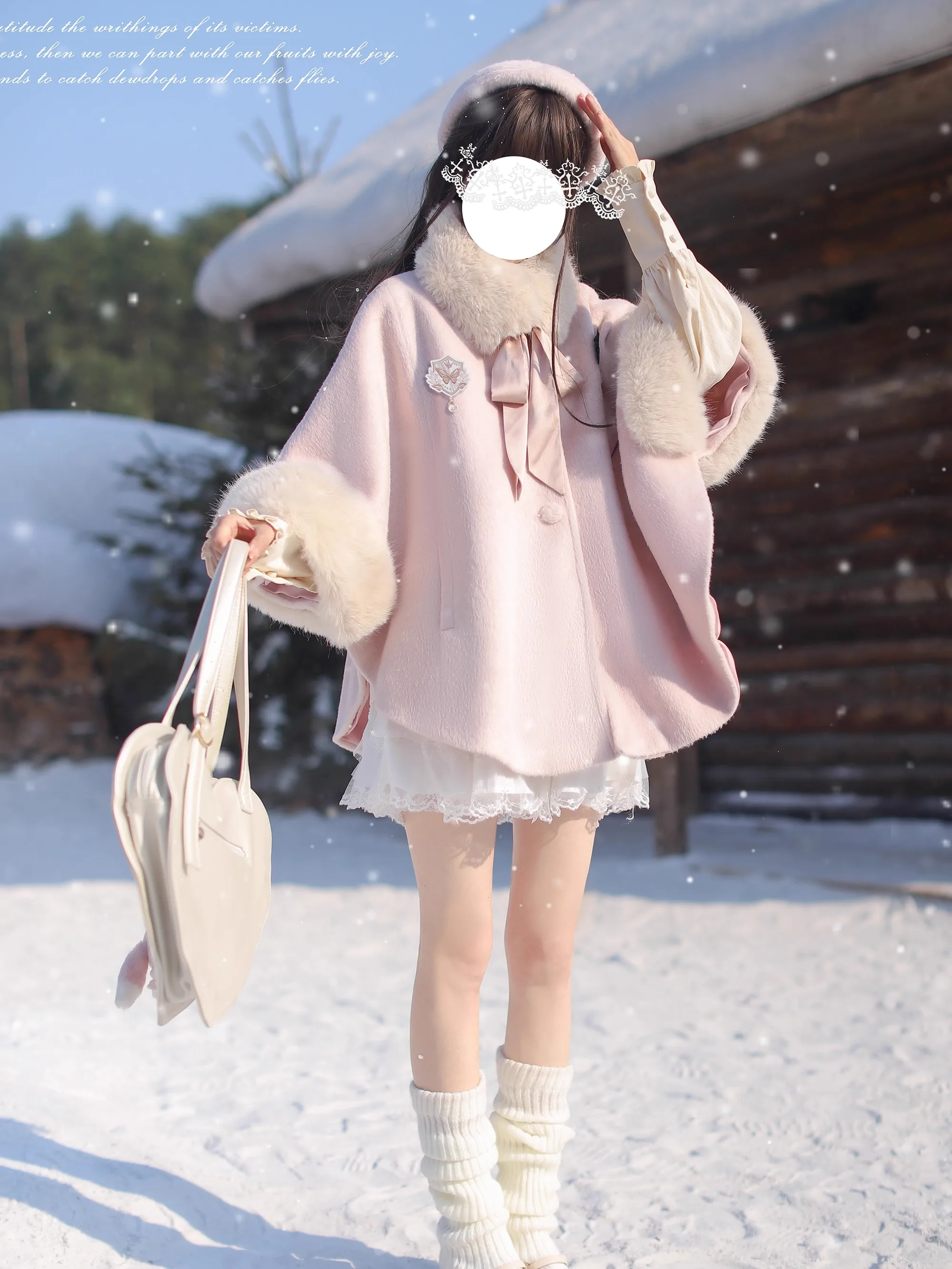 Original Japanese Sweet Cute Girl Pink Woolen Cloak Coat Elegant Socialite Versatile Plush Spliced Winter Cloak Jacket for Women