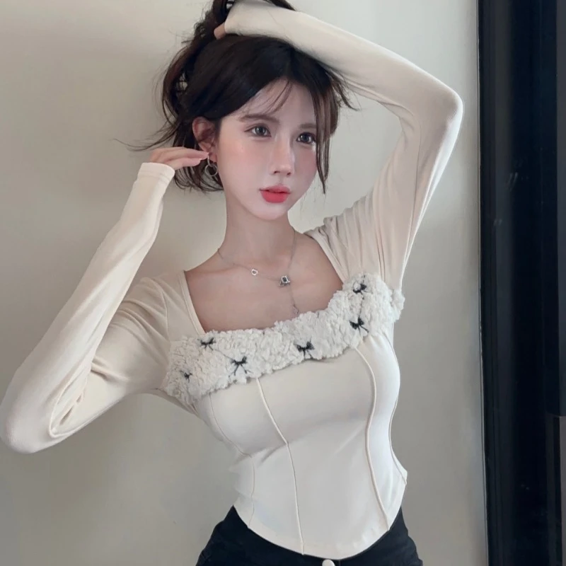 Korean Style Knitted Tops Women Long Sleeve Square Collar Slim and Thin Pullovers Office Lady Fashion Versatile Blouse Female