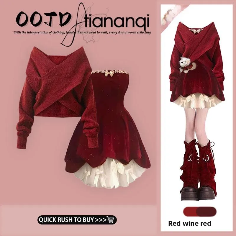 

Fashionable Knitted Sweater And Skirt Set for Women Loose And Slimming Autumn Winter Outfit Cute Camisole Dress Two Piece Set