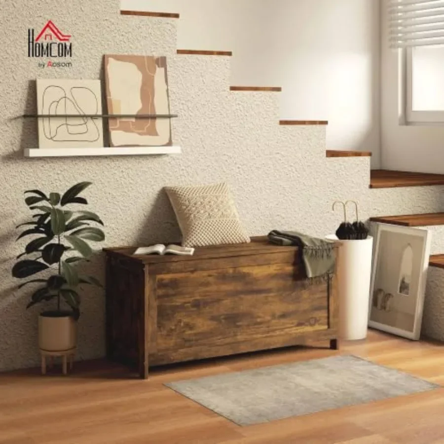 Storage Bench Cut-Out Handles for Living Room Use, Solid Wood Construction, Natural Finish, Ergonomic Seamless Design