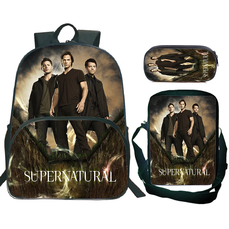 مجموعة من 3 قطع حقيبة ظهر للأطفال SPN خارقة للطبيعة مع حقائب كتف، مقلمة حقائب مدرسية خارقة للطبيعة للبنين والبنات أفضل هدية