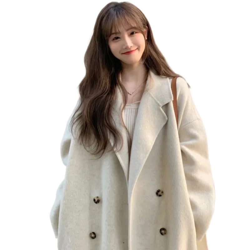 Women\'s Autumn Winter Woolen Coat Thickened Korean Temperament Loose Mid-length Oatmeal Woolen Coat Simple Wool Oversized Coat