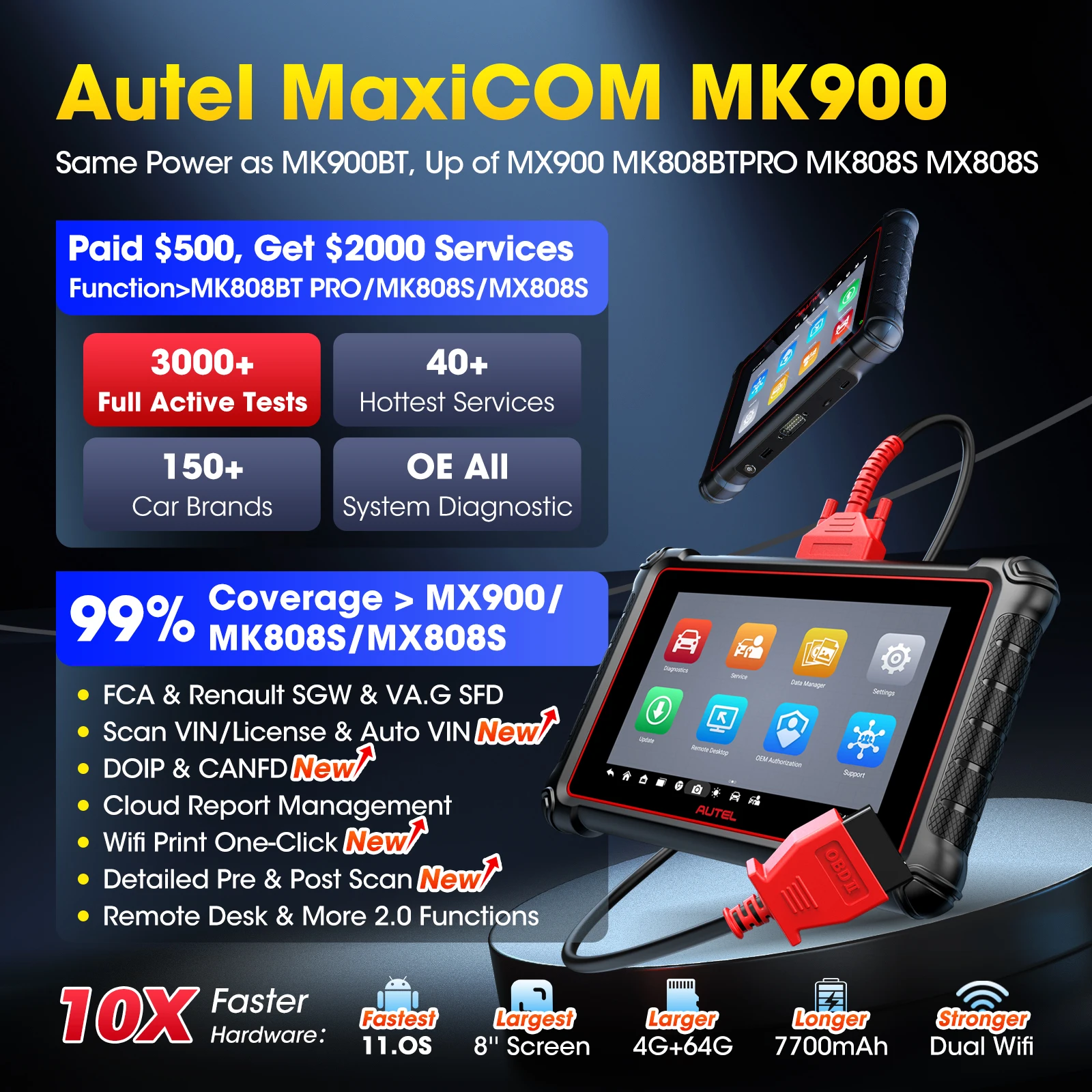 Autel MaxiCOM MK900 OBD2 Diagnostic Device, 2026 Diagnostic Tools  40+ Service 3000+ Active Test, All Systems Diagnostics, CAN-FD DOIP, FCA SGW, Android 11