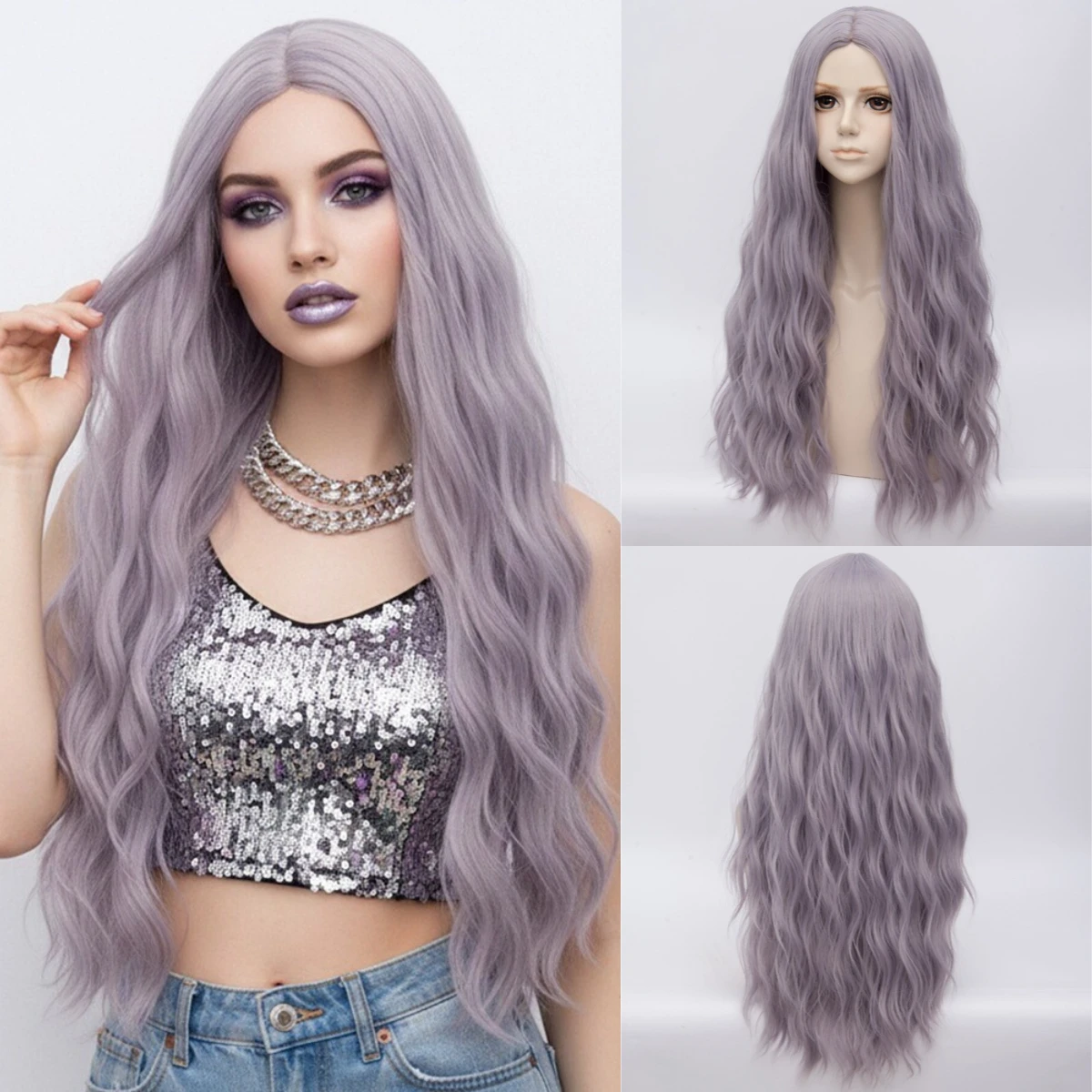 

Long Curly Wave Synthetic Haze purple Wig with Bangs Wig - Ideal for Halloween Style & Cosplay Anime Party Heat Resistant