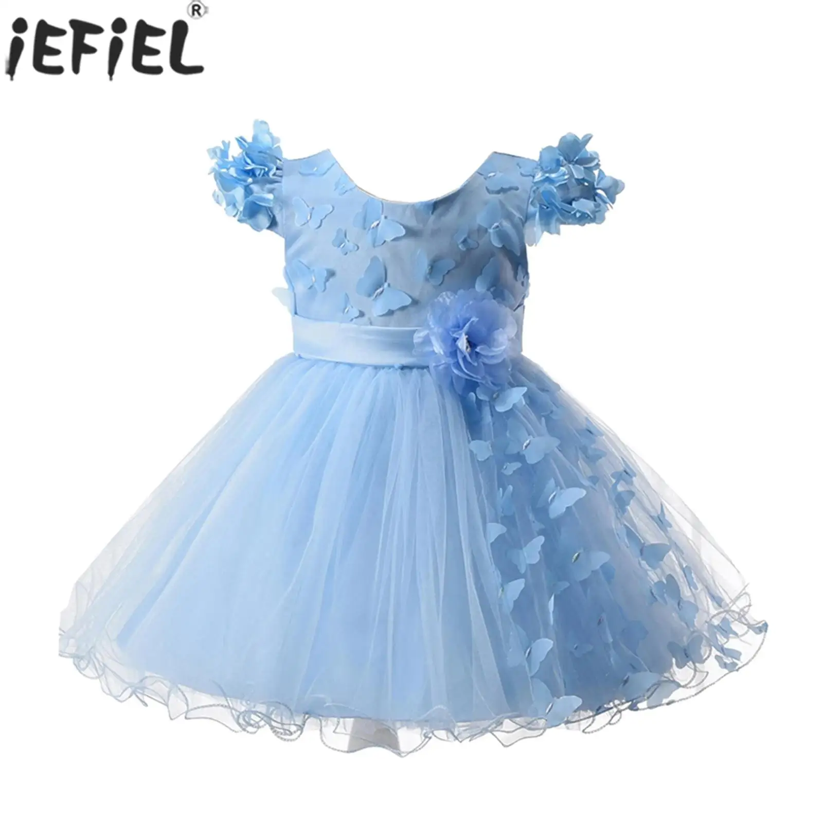 Children Girls Elegant Cute Princess Dress Short Sleeve Flower Butterfly Tulle Ball Gown for Wedding Birthday Party Evening