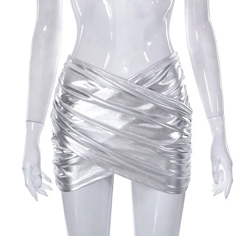 Gonna bianca argento da donna Gonna incrociata in pelle PU Spice Girl Gonna a pieghe Y2k