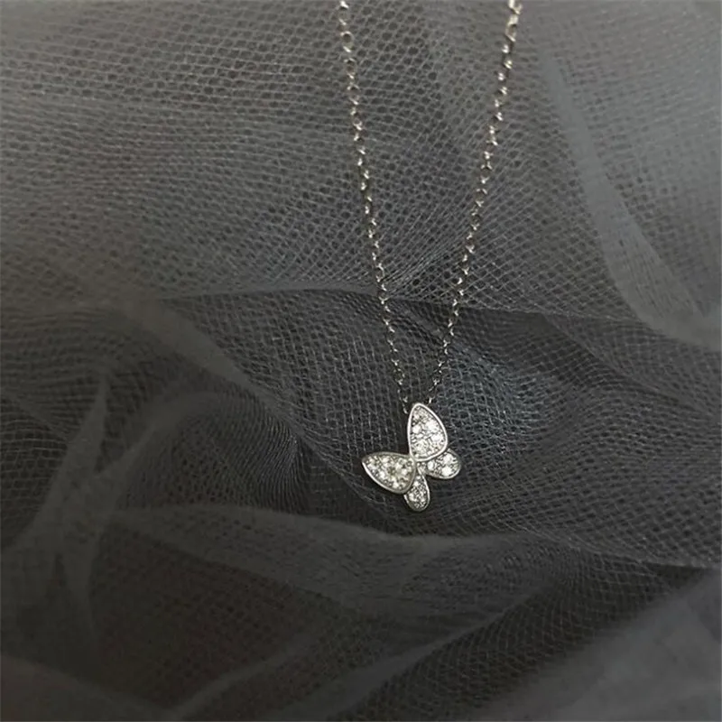 

New Fashion Beautiful Butterfly Female 925 Sterling Silver Jewelry Personality Temperament Crystal Pendant Necklaces XL072