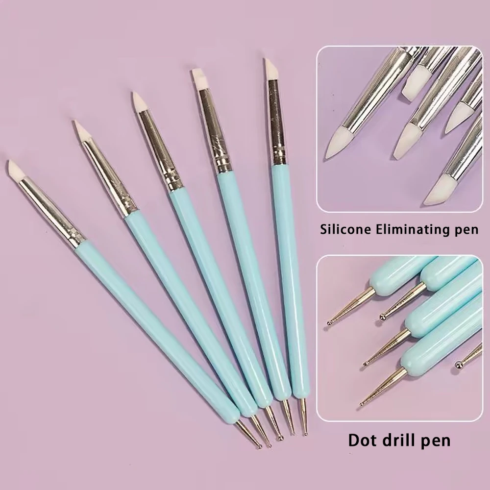 Cabeças duplas Broca Ponto de Cristal, Sílica Gel Pen, remover a pele morta, strass Gem Pen, DIY Nail Art Tools, 2 em 1, 5 pcs