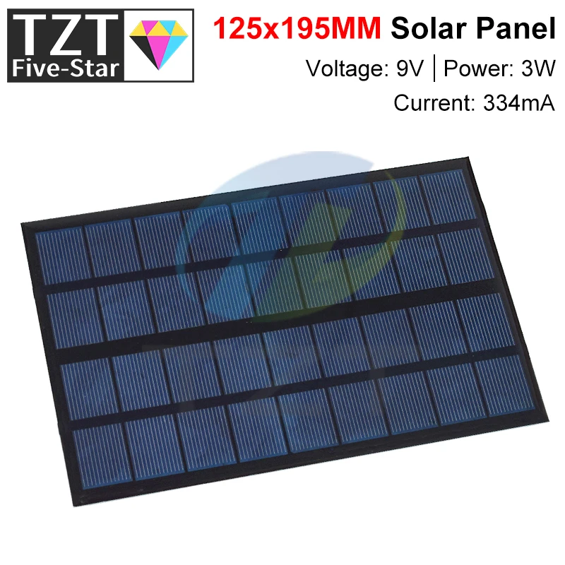 TZT 9V 334mA 3W Solar Panel Polycrystalline 125*195MM Mini Sunpower Solar System DIY for Battery Cell Phone Charger