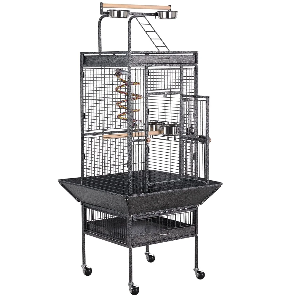 Gaiola de metal para papagaio e pássaros, 61,5 polegadas, com escada superior, tigelas de alimentação, fácil limpeza, calopsita, lovebird