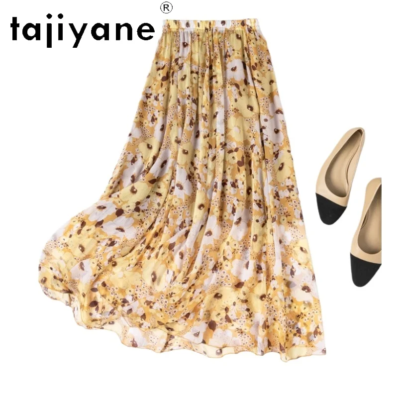 

TAJIYANE 100% натуральные шелковые юбки из тутового шелкопряда для женщин, элегантные длинные юбки-рубашки с цветочным принтом, струящиеся пляжные юбки, весна 2026, женская одежда