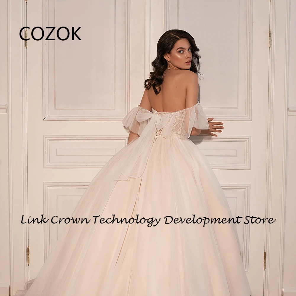 COZOK Sweetheart Off Shoulder Bridal Gowns with Lace 2024 A Line Court Train Wedding Dresses for Princess Summer Vestidos De