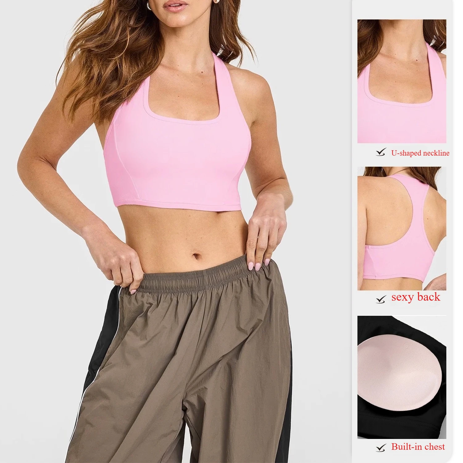 Yoga Ribbed Square Neck Bra Women's Exercise Shockproof Breathable Back Top Yoga Short Vest Sports Fitness Clothing
