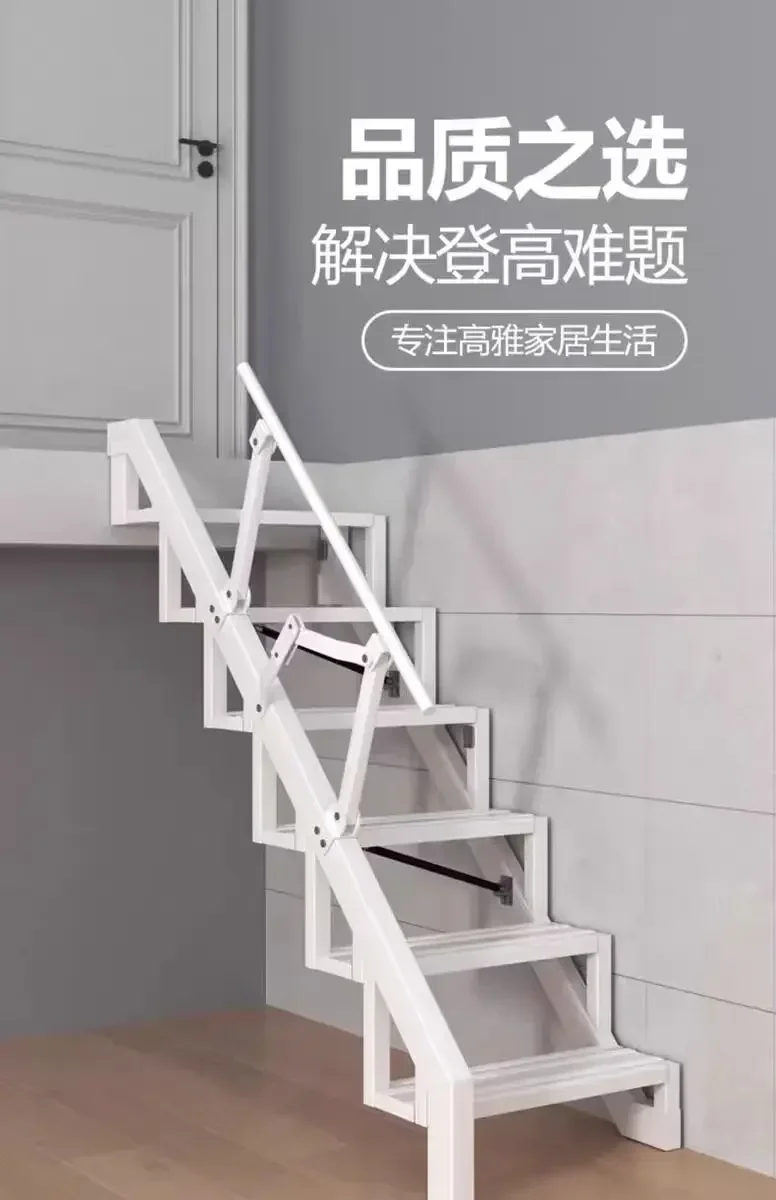 Folding staircase against the wall, home attic staircase, side of the staircase, wall stepst, loft, duplex, interior