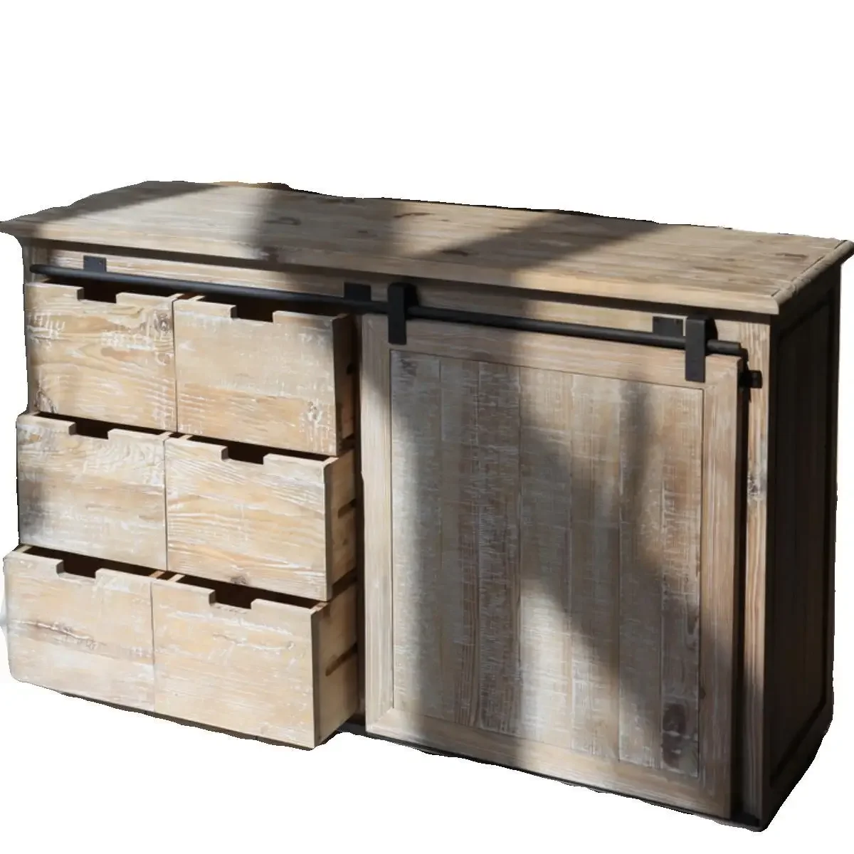 French country wabi style dining side cabinet old pine wood weathered ash old sliding door barn door cabinet
