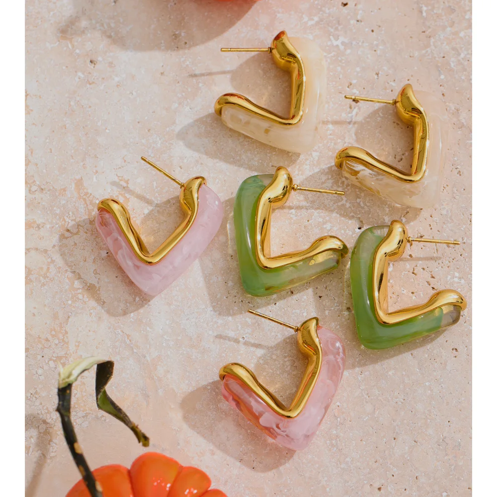 Yhpup Resin Acrylic C Shape Sweet Huggie Earrings for Women Stainless Steel Popular Versatile Jewelry Gift White Pink Green