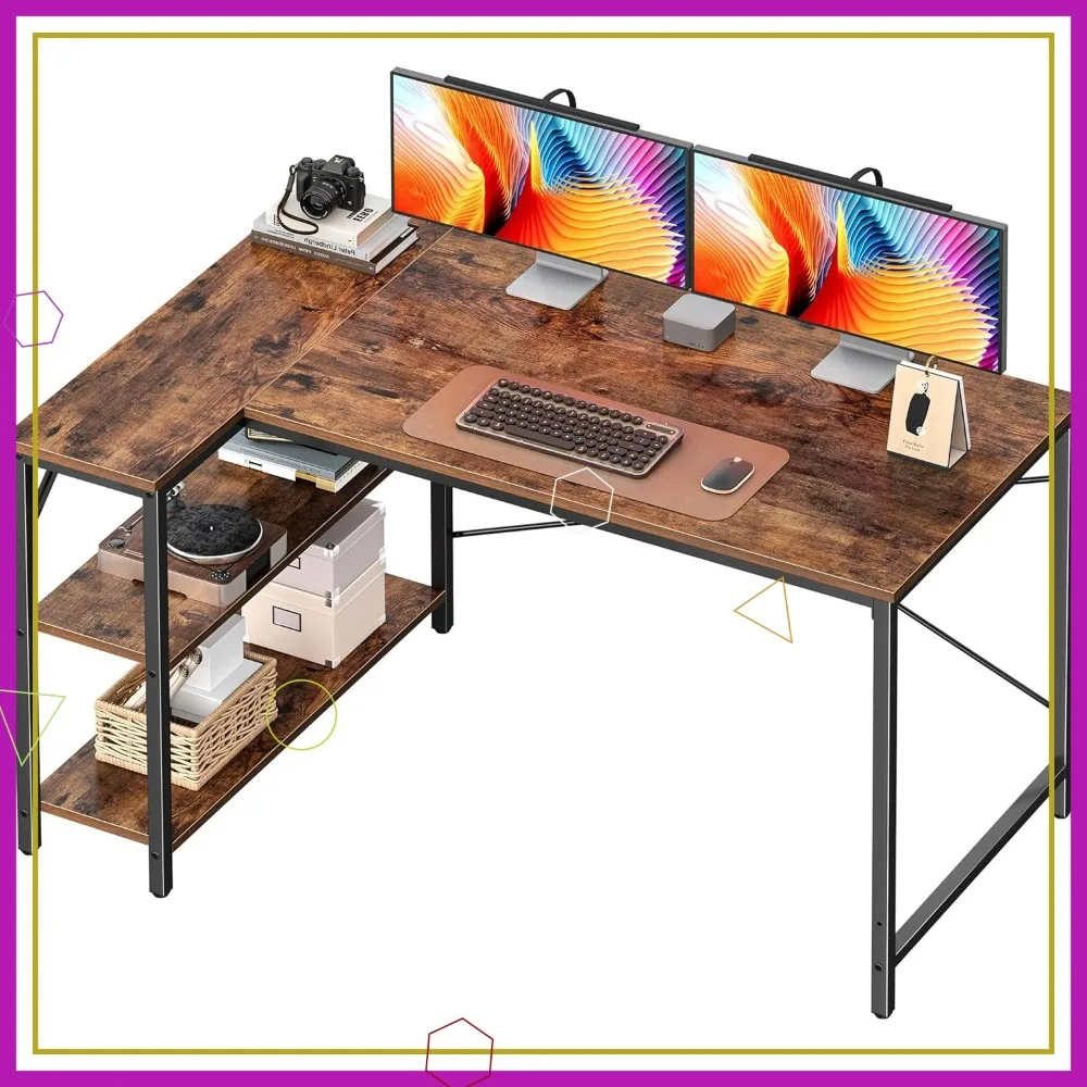 

47-Inch L-Shaped Desk with Reversible Shelves, Metal Frame, Rustic Brown for Gaming and Home Office