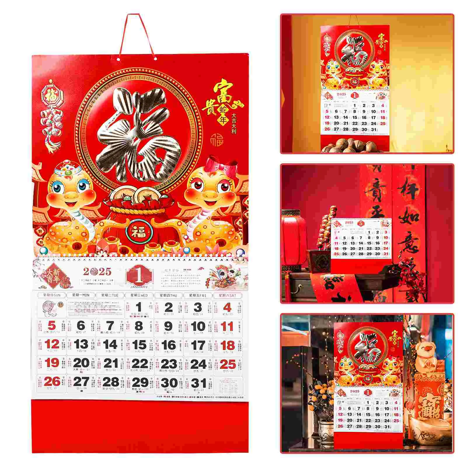 Wandkalender 2025, chinesische Neujahrsdekoration, Veranstaltungen, Mondschlange-Stil, Jahre für Büro, Vintage