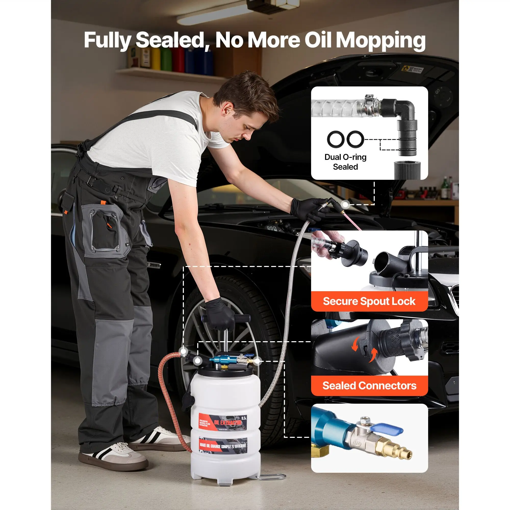 Fluid Extractor, 9.5 L Capacity, Pneumatic/Manual Vacuum Oil Extractor Pump with 59 in Long Horse & Three 47 in Extension