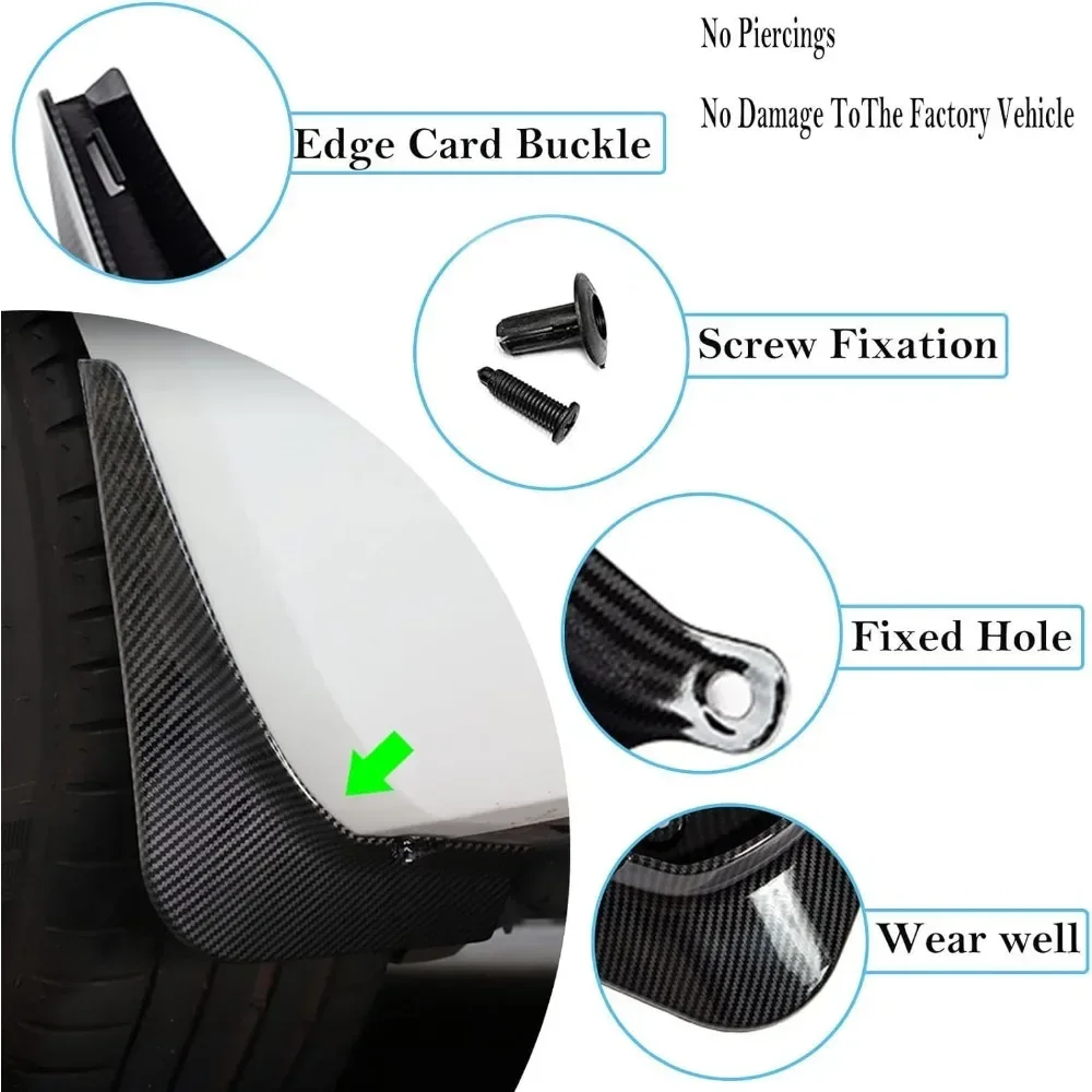 Plástico Mud Flaps Set para Tesla, protetores de respingos, preto, branco, fibra de carbono, cor Fender, modelo 3, Y, 2017-2021, 2022, 2023, 4pcs