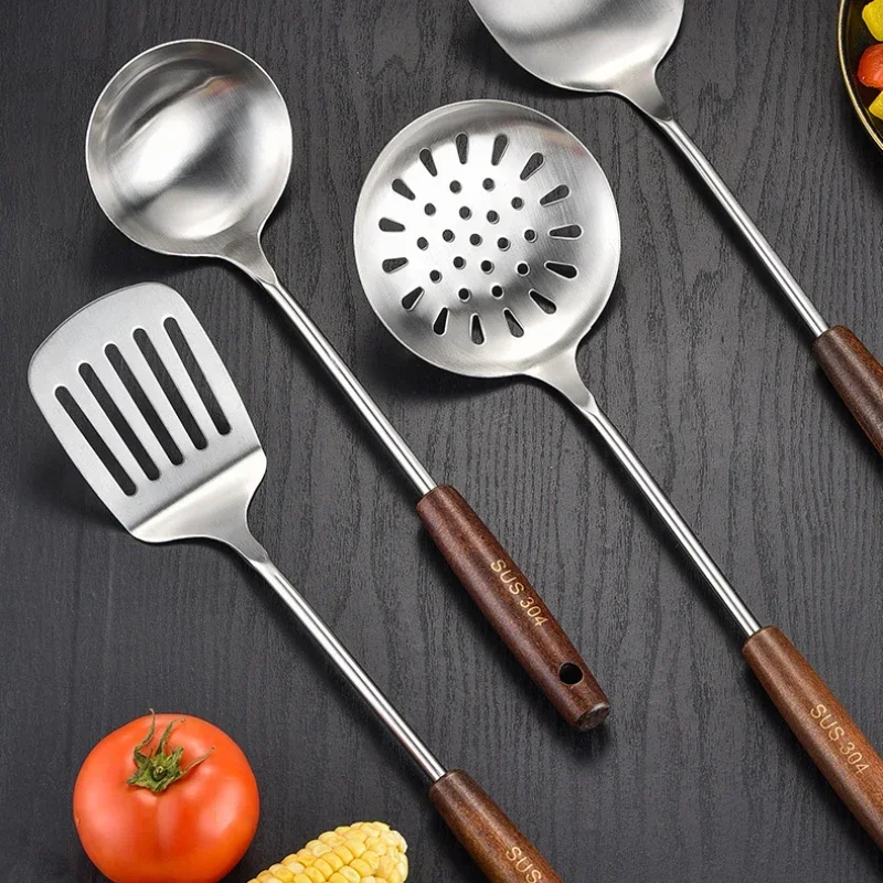 

304 Staniless Steel Kitchenware Set Shovel Colander Soup Spoon Rice Spoon Spatula with Wooden Handle Kitchen Cooking Utensils