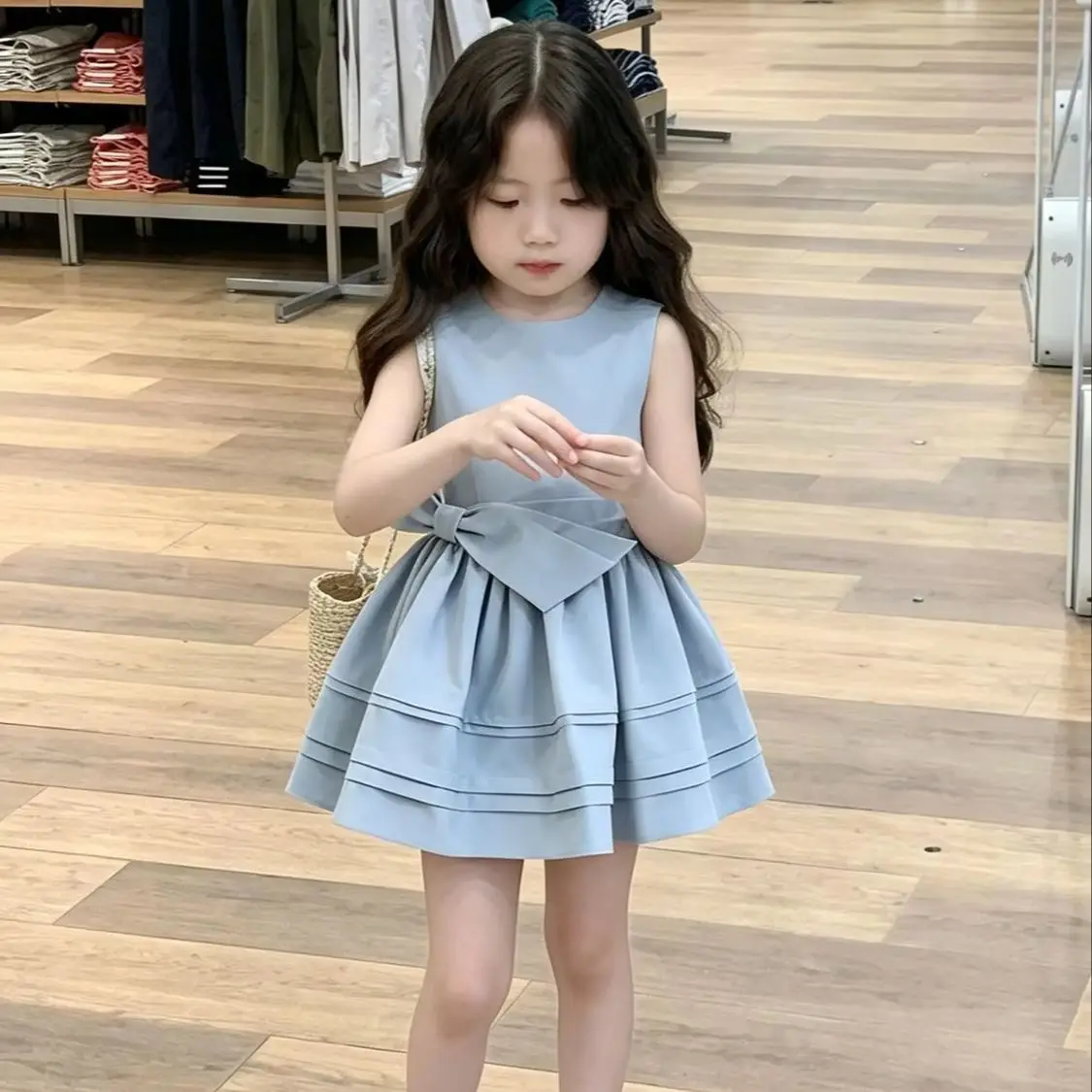 

Girls' Dress Summer New Children's Blue Bow Ruffled Cake Skirt Short Dress with Waist-Cinching for Little Girls