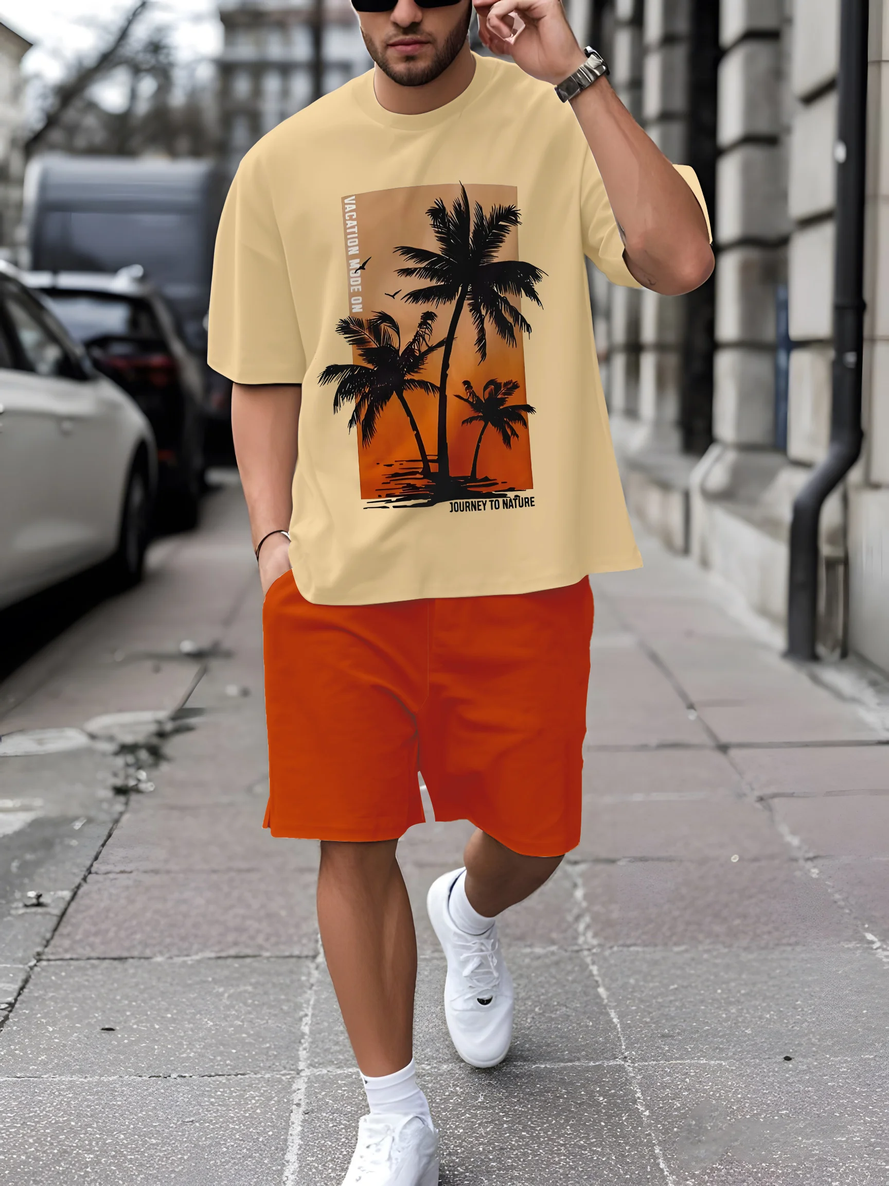 

2026 Men's Summer Beach Vacation Set Stylish Casual Loose-Fit Men's Drawstring Shorts Coconut Tree Print Short-Sleeve Top Set