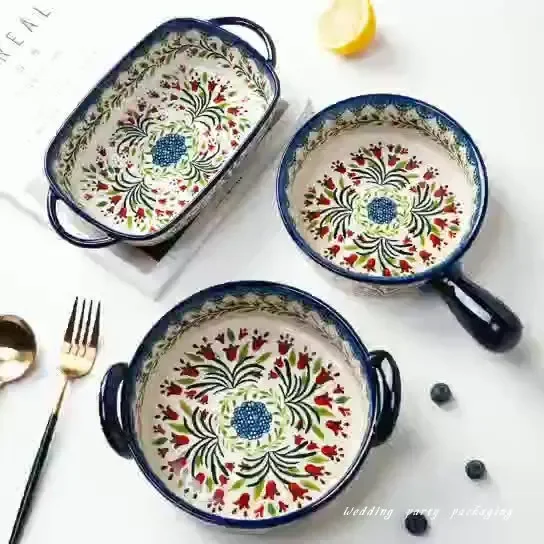 Ceramic Soup Bowls Retro Bakeware Hand-Painted Kitchen Tableware Salad Dessert Steak Pasta Plate Household Fruit Tray Decoration