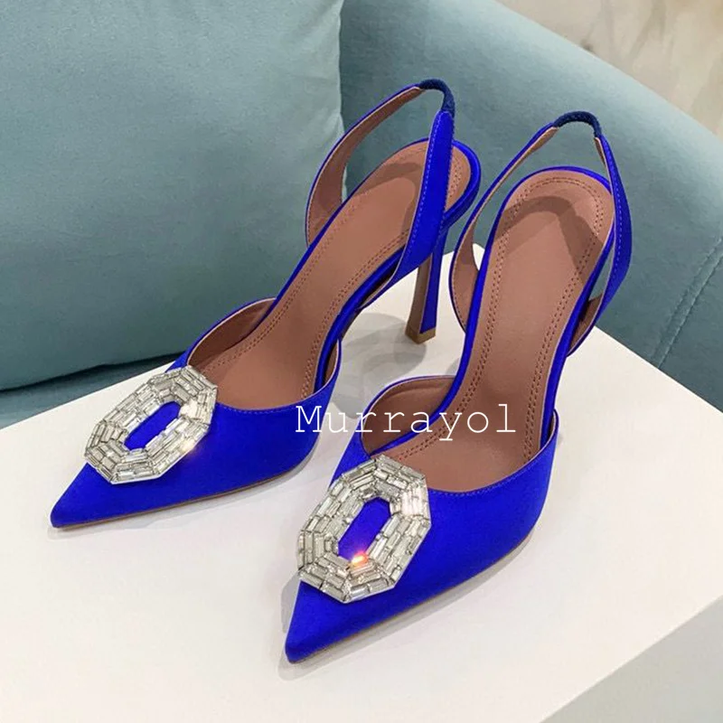 Pointed Toe Thin High Heel Pumps Women Silk Satin Shiny Rhinestone Decor Slingback Sandals Spring Summer Sexy Party Dress Shoes