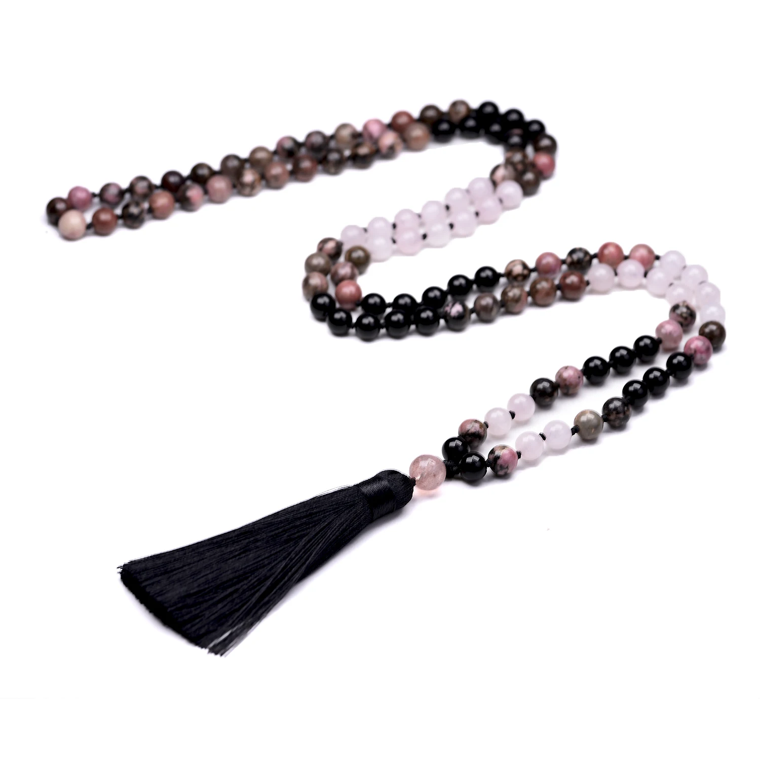 108 Mala Necklace For Women Knotted Japamala Meditation Healing Buddhist 8 MM Natural Rhodonite Love Stoned Tassel Jewelry