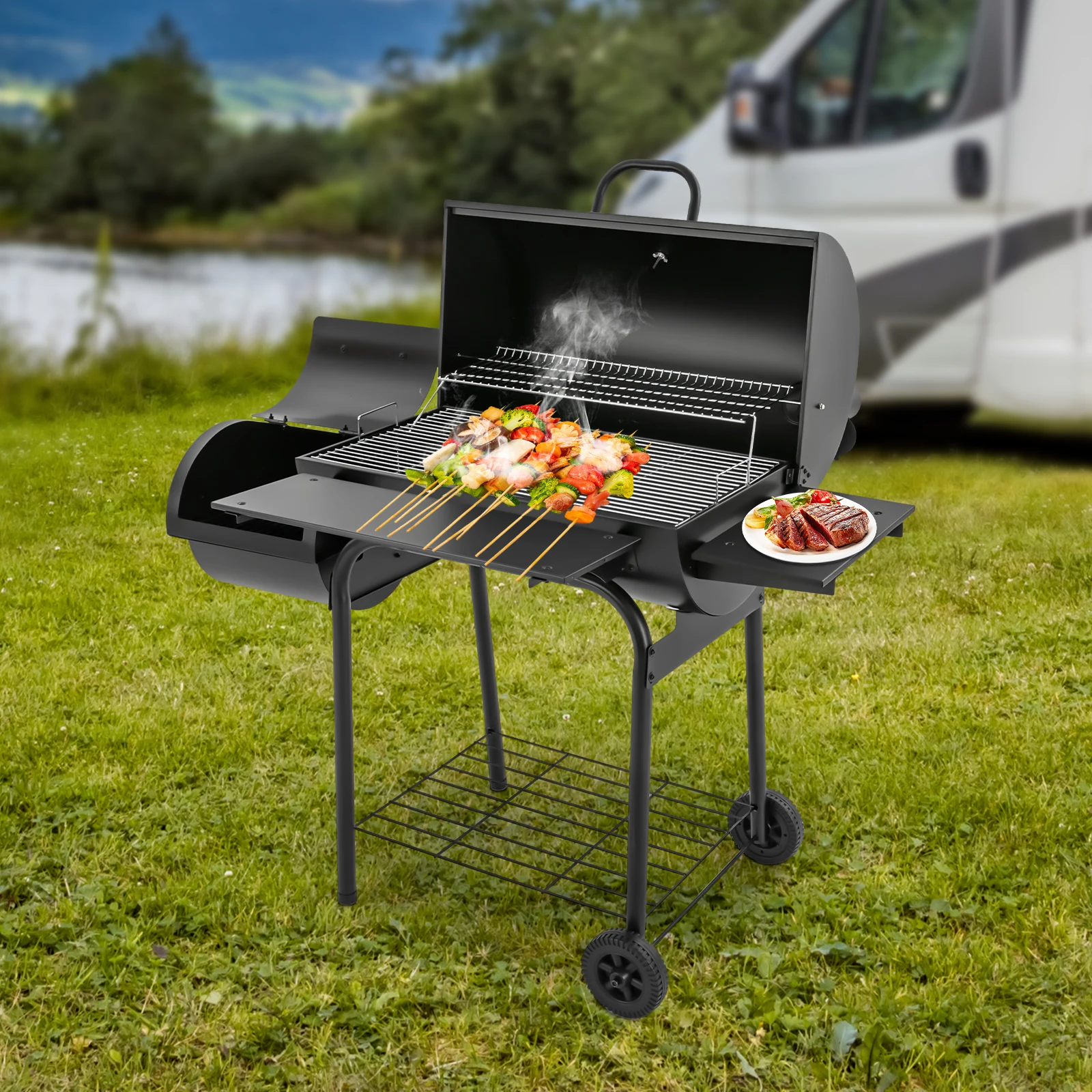Freistehender Outdoor-Holzkohlegrill aus legiertem Stahl, 147*70*126cm, mit Thermometer und Grillgittern für Picknicks, Grillabende und Camping. – Detail 6