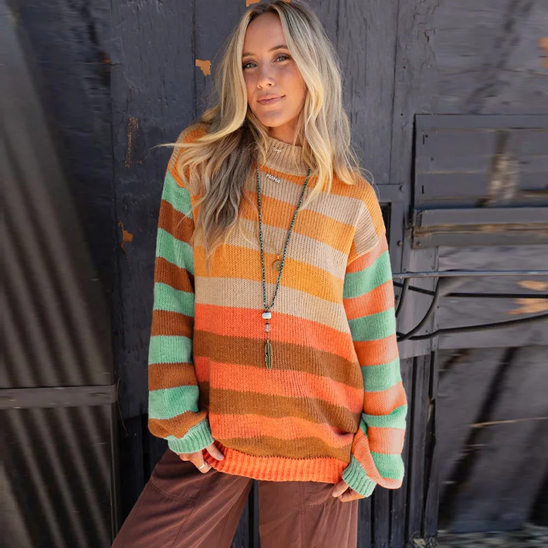 

Autumn and Winter New Pullover Round Neck Long Sleeved Sweater for Women, European and American Long Casual Style Top for Women