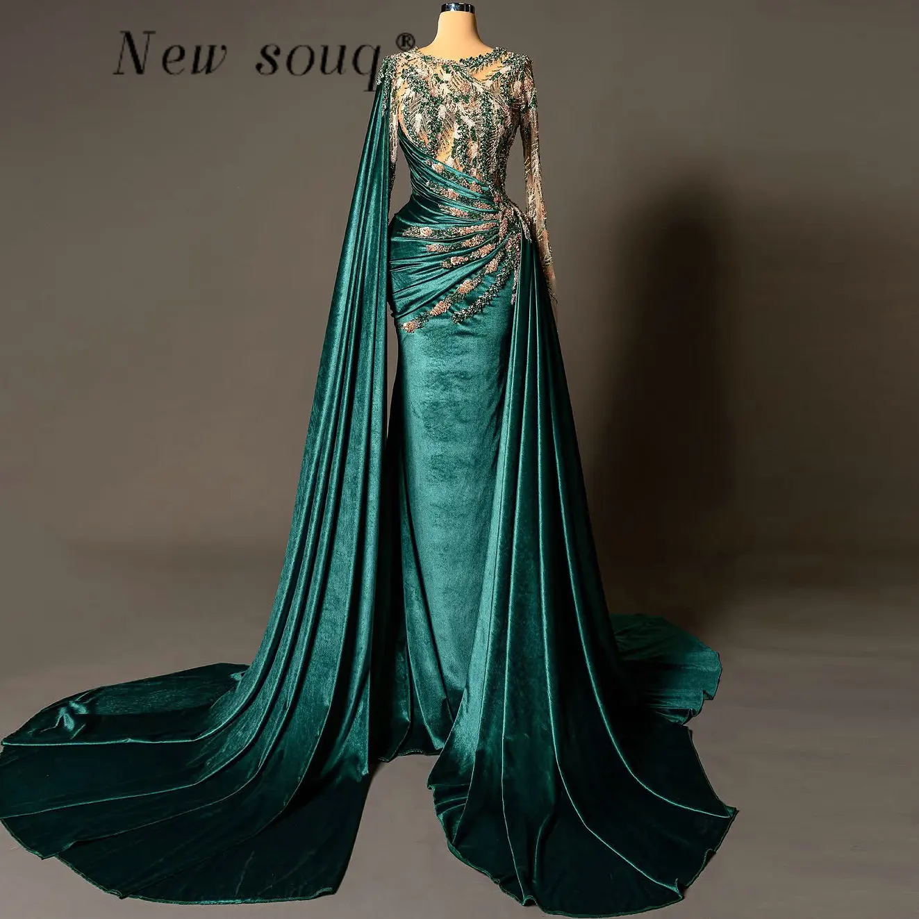 

Dubai One Shoulder Cape Sleeve Dark Green Velvet Evening Dresses Crystals Beaded Formal Wedding Dinner Party Gowns Customized
