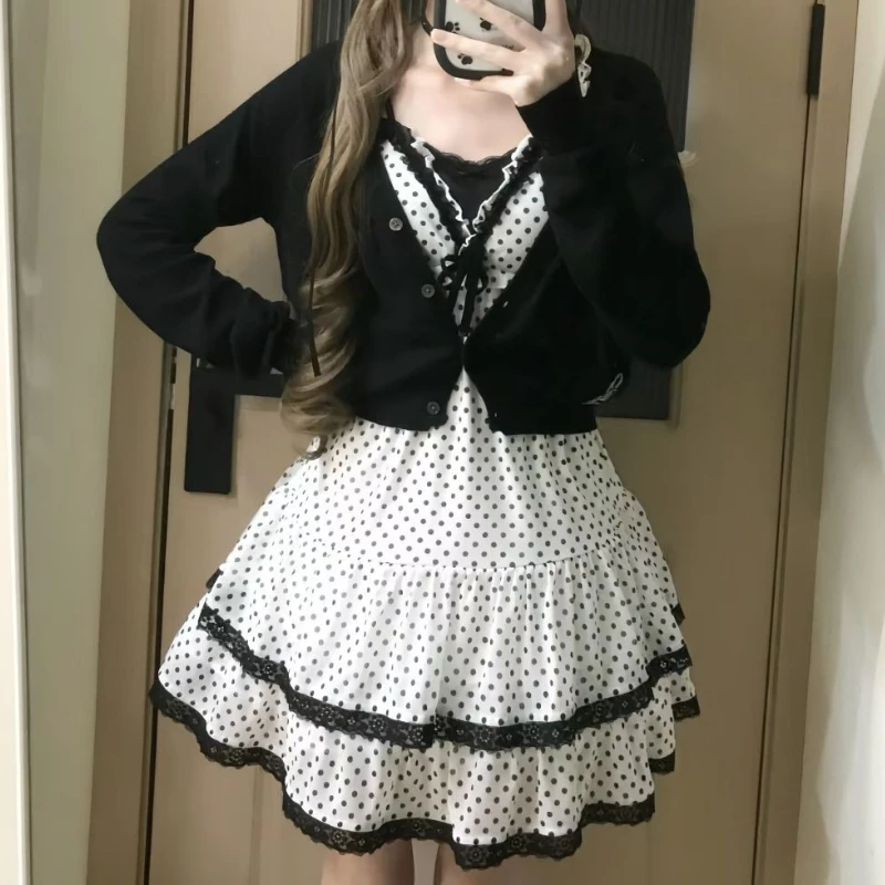 

Новое японское винтажное милое платье на бретельках с бантом, женское дизайнерское платье в горошек + жилет + кардиган Harajuku Hepburn, милые наряды Y2k