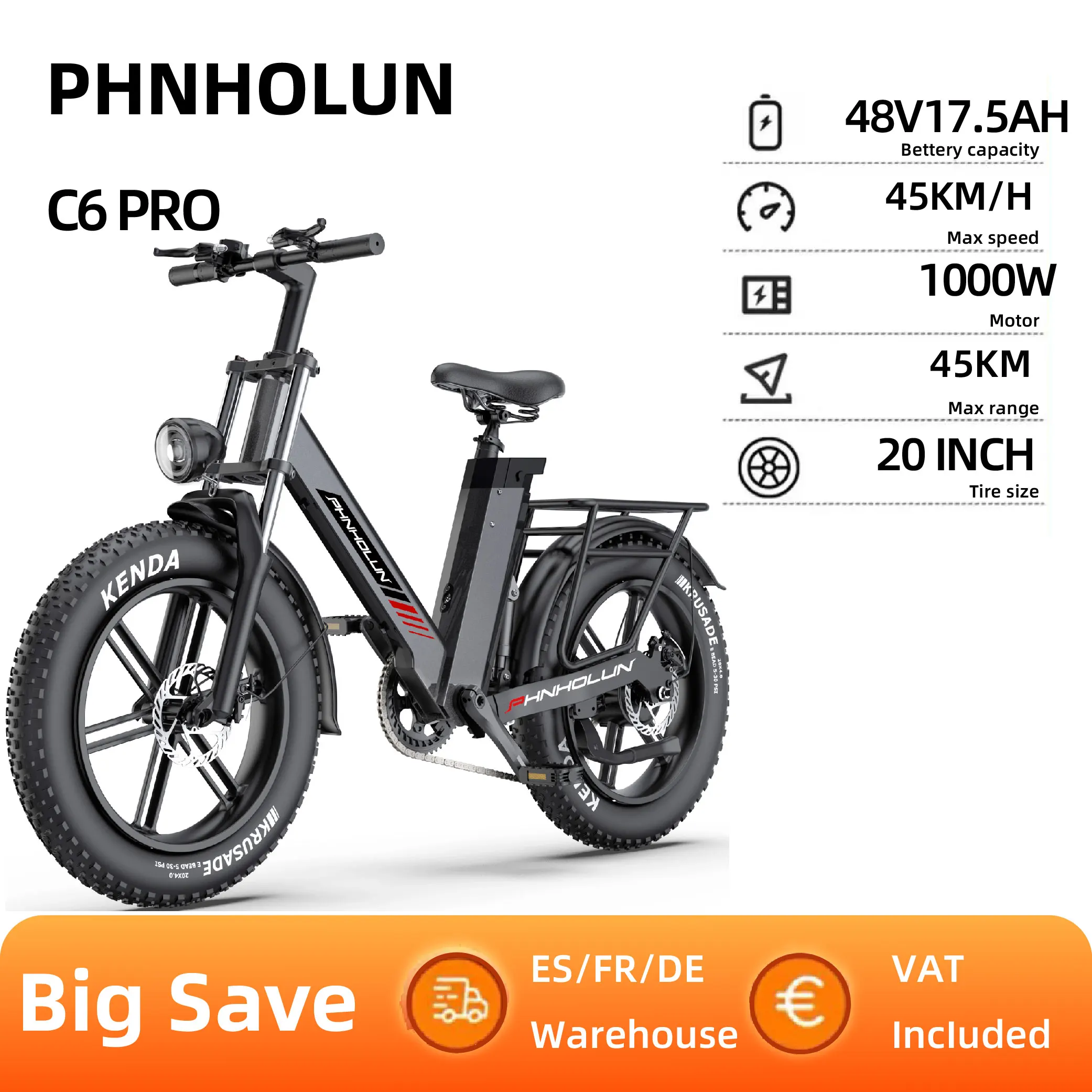 PHNHOLUN C6 Pro All-Terrain-Elektrofahrrad 1000 W Motor 28 V 17,5 Ah Lithiumbatterie Elektrofahrrad