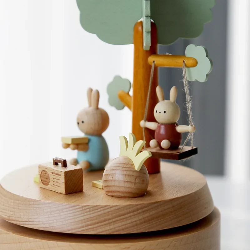 Creative Wooden Music Box Printed Green Small Tree Rabbit Music Box Children's Birthday And Valentine's Day Small Gift Handicrat