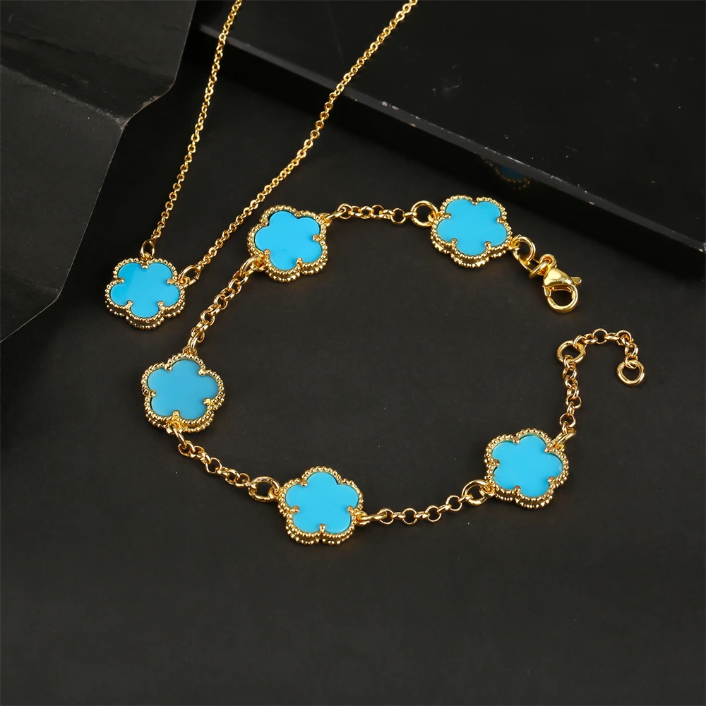 Ladies Classic Simple Design Five-leaf Flower Flower Set Necklace Bracelet Ladies High-quality Collarbone Chain Jewelry Set Gift