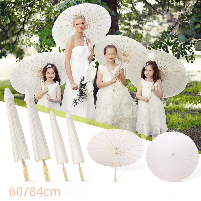 60/84cm Wedding Paper Umbrellas Wooden Handle White Chinese DIY Paper Umbrellas For Baby Shower Party Wedding Photography Props