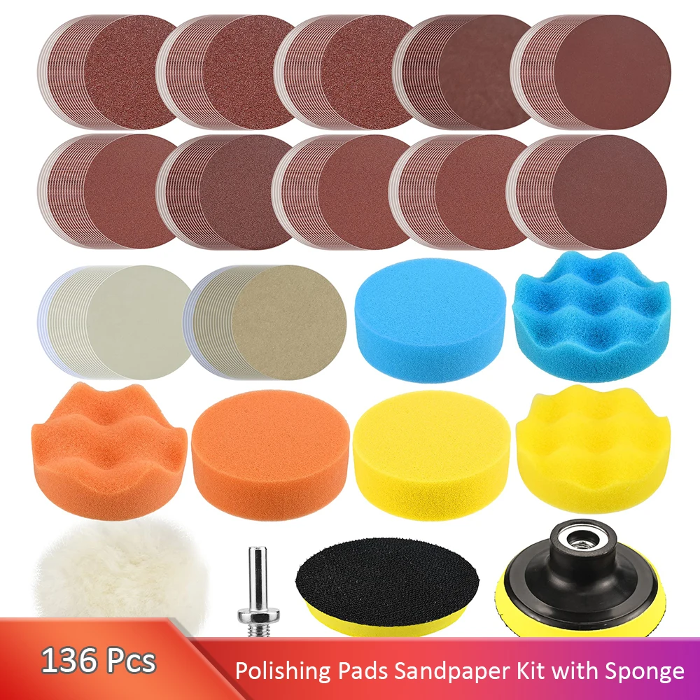 135Pcs Polishing Pads Sandpaper Kit with 3 Inch Sponge Buff Pads Set Sanding disc 40-7000 Grit Wet and Dry Sandpaper & M10 Drill