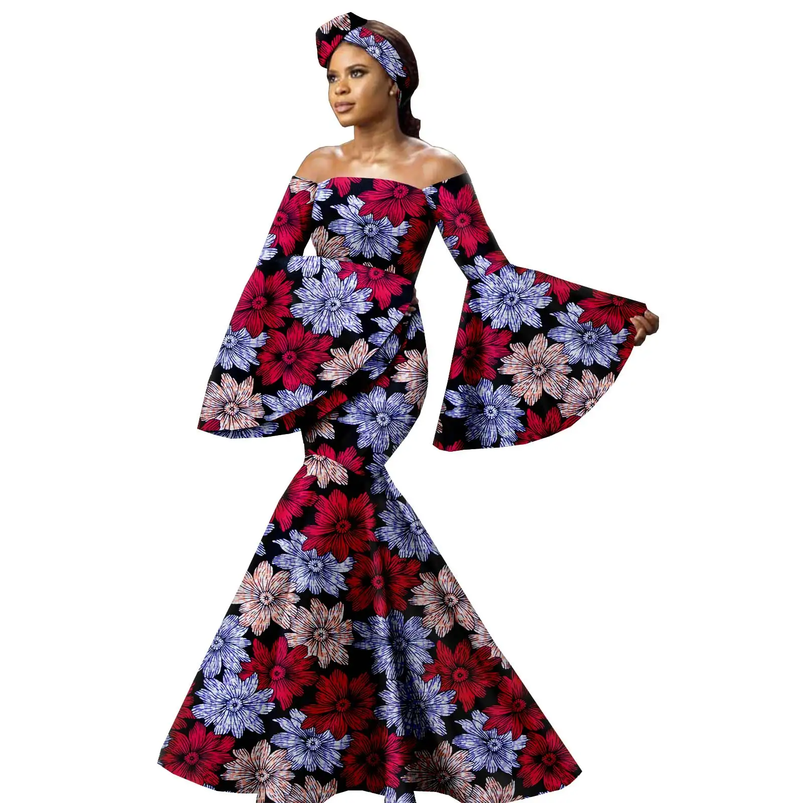 

African Elegant Party Dresses for Women Dashiki Bazin Petal Sleeve Off-shoulder Women Dress Party Wedding Free shipping Y2225049