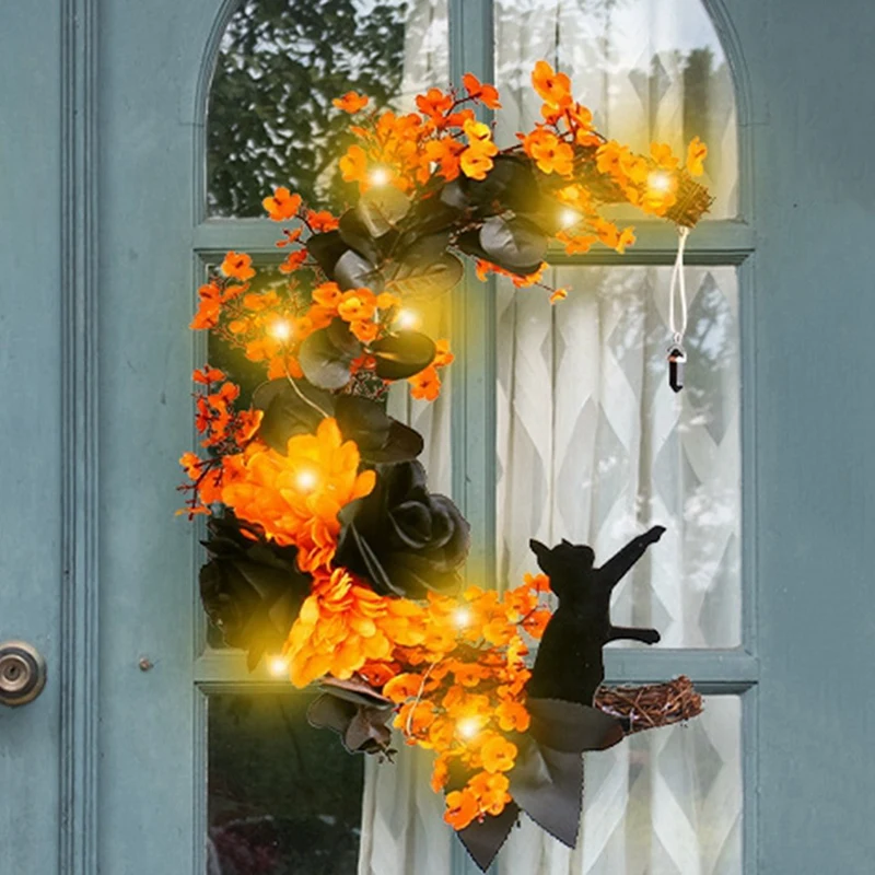 ハロウィーンのドアリース,明るい猫の花輪,黒いバラと黄色の花,正面玄関の好意