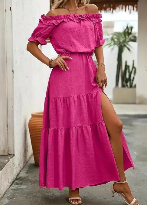 abito estivo donna 2025 monospalla bordo fungo nero vita alta spacco laterale abito a trapezio per donna Abito da vacanza quotidiana per il tempo libero