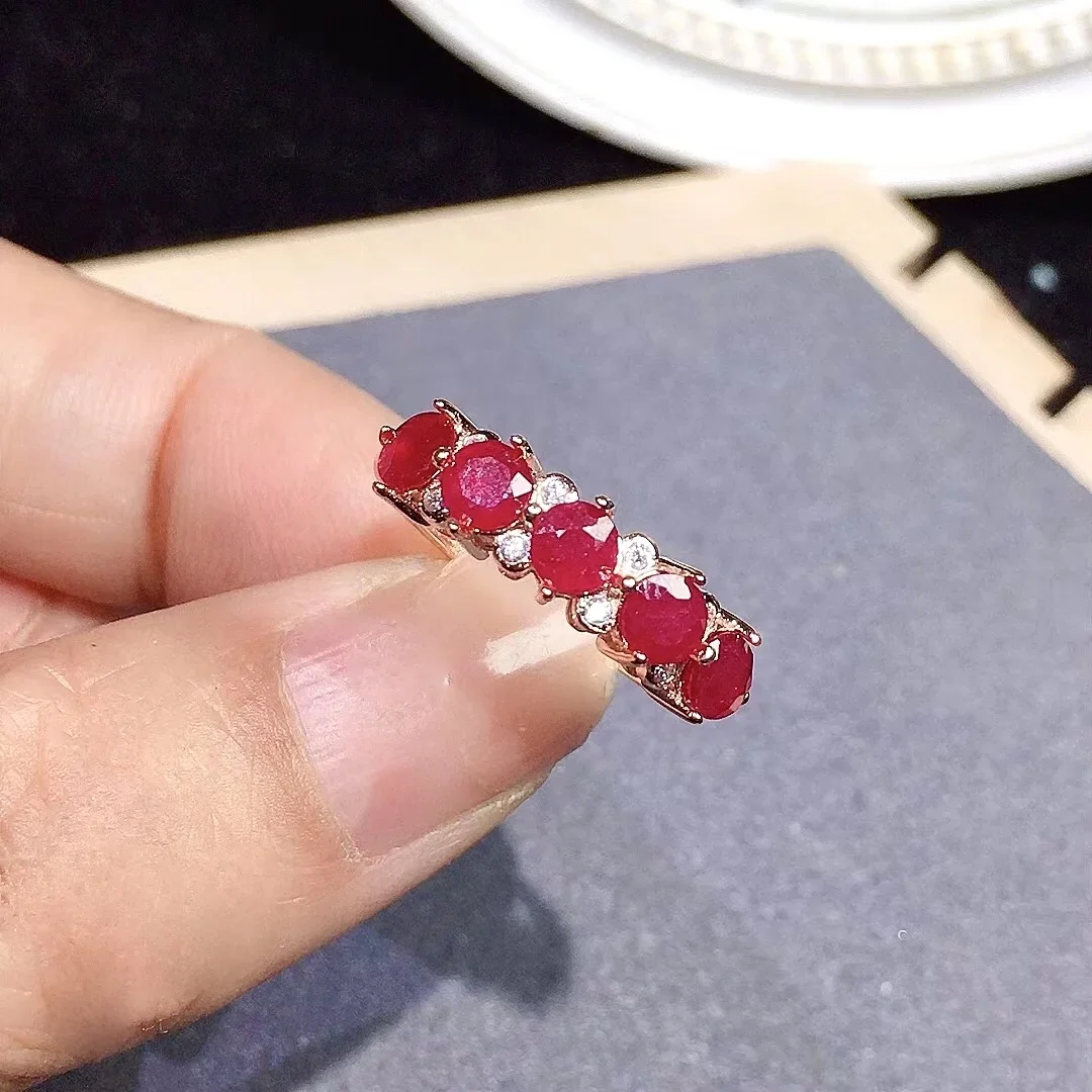 925 Silver Ruby Ring for Woman 5 PCS 4mm Natural Ruby Silver Ring Sterling Silver Ruby Jewelry Romantic Gift for Wife