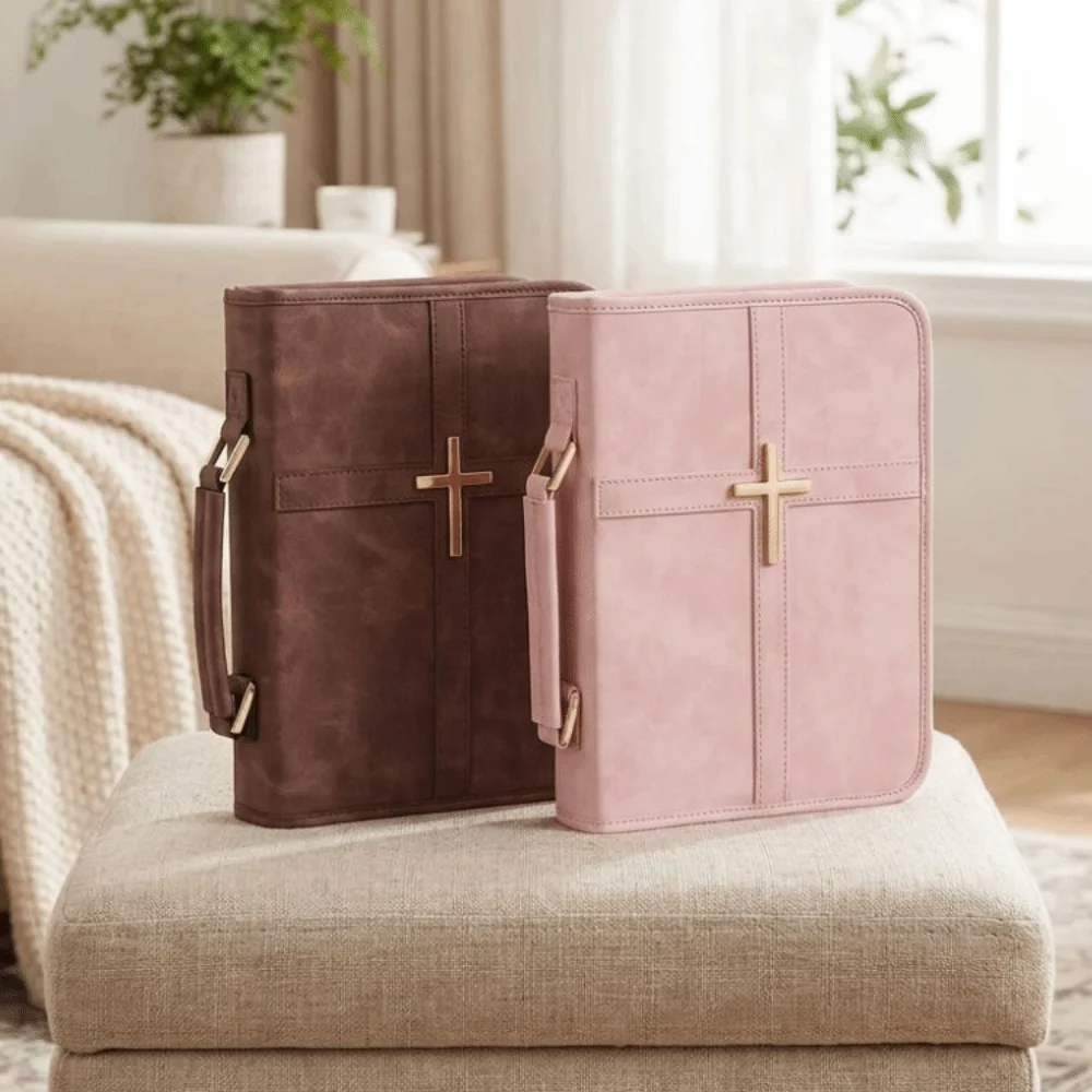 Cross-themed Vegan Leather Bible Cover Dust-proof Built-in Bookmark Ribbon PU Leather Bible Bag Scratch Resistant